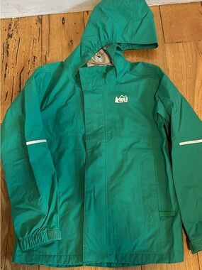 REI Kids Teal-Green Hooded Raincoat with Reflective Accents